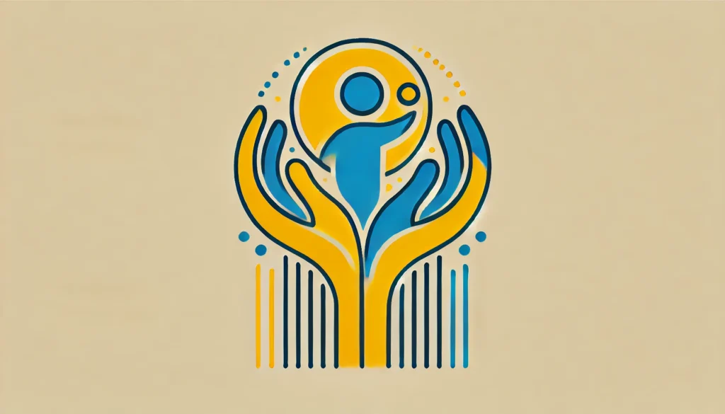 minimalist design in yellow and blue representing "Supporting Children," using abstract shapes to symbolize care, guidance, and protection