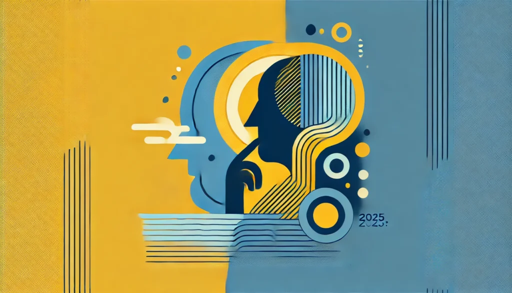 minimalist design in yellow and blue representing "What’s Keeping Business Leaders Awake at Night in 2025?" using abstract elements to symbolize concerns, uncertainty, and strategic decision-making