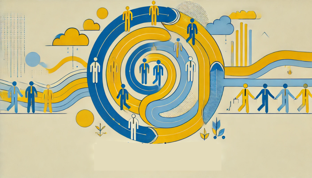 minimalist design in yellow and blue representing "We’ll Just Replace People That Go Off Sick for Stress," using abstract elements to symbolize workforce turnover and detachment