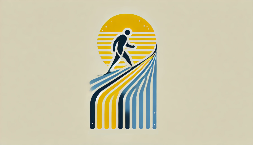 minimalist design in yellow and blue representing "Walking Through the Pain—And Pushing Forward," using abstract elements to symbolize perseverance and resilience