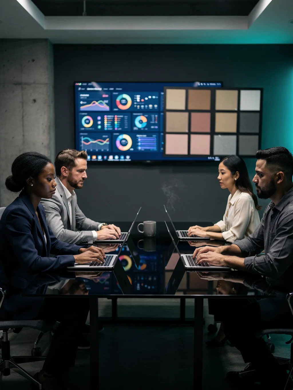 Professional team collaborating in a bright, modern office space focused on wellbeing